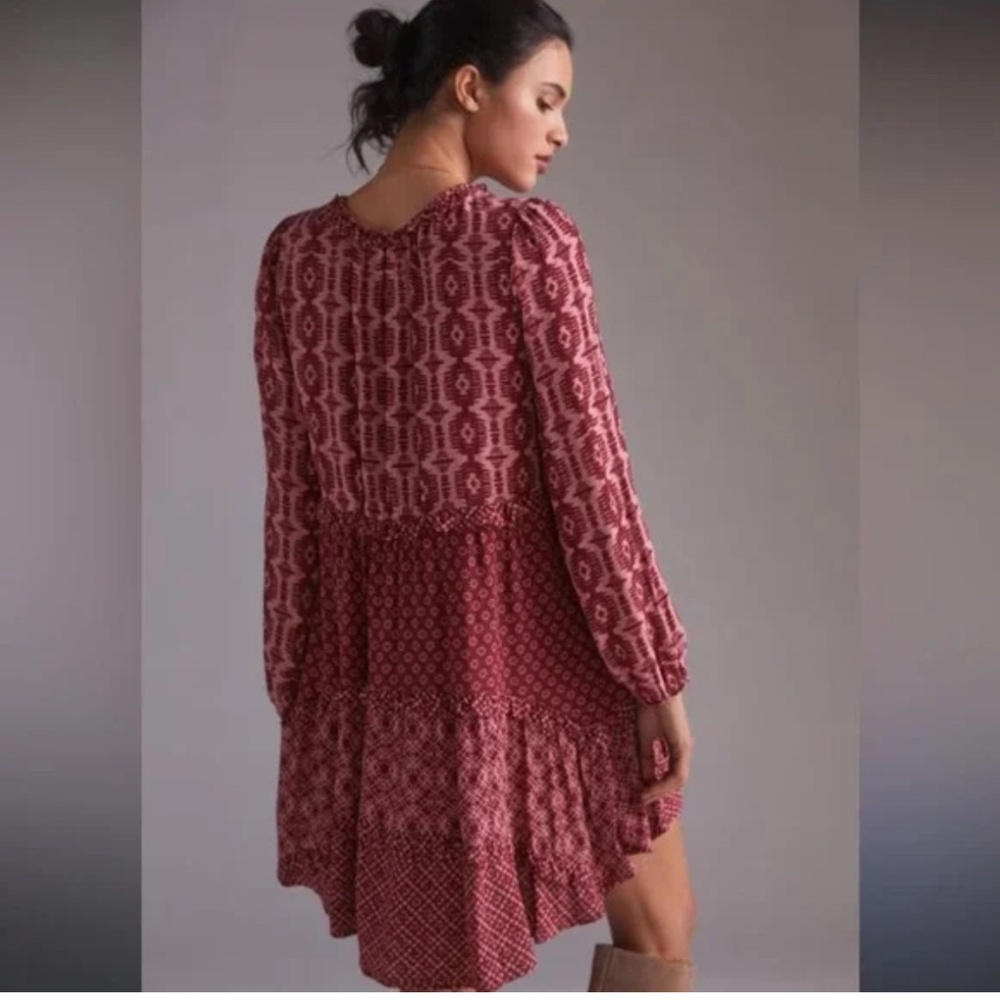 Anthropologie Dress Long Sleeve Tiered Skirt V-Neck Mini Knee Length Loose Fit L - Picture 3 of 15